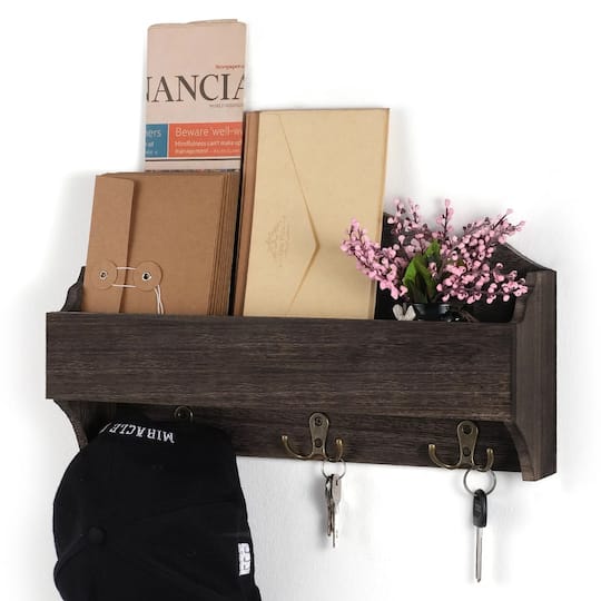 NEX™ Rustic Brown Wall-Mounted Wooden Key Rack with 3 Double Key Hooks